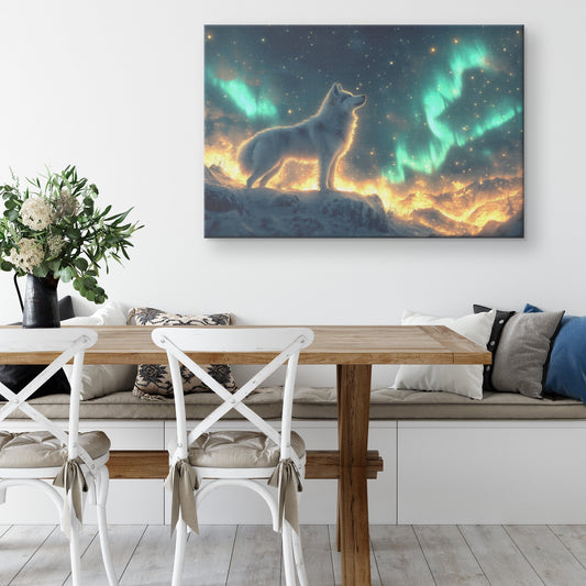 Majestic Iberian Husky Canvas Wall Art Decor on Snowy Mountain Peak Under Glowing Northern Lights with Intricate Fur - Awakening Righteousness