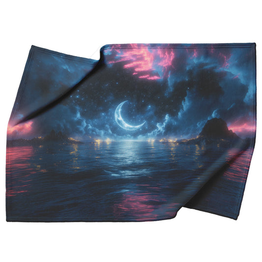 Massive Crescent Moon Over Water Stars Reflecting Silver Waves Deep Blue Hues Fleece Sherpa Blanket - Awakening Righteousness