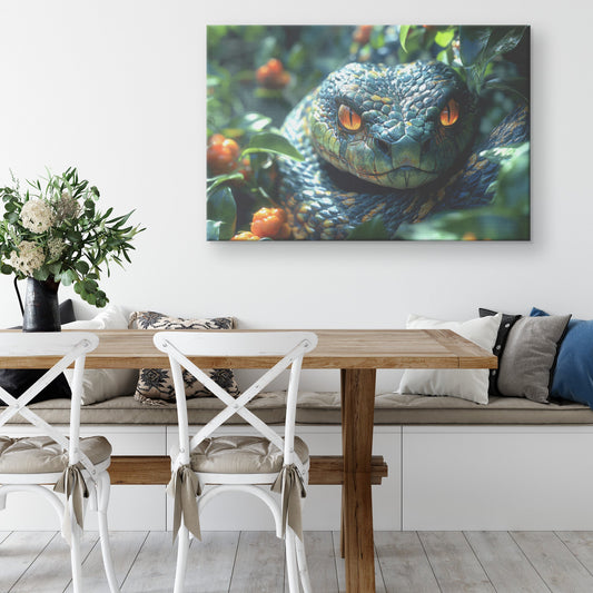 Mesmerizing Green and Gold Snake with Fiery Eyes in Lush Foliage Canvas Wall Art Decor for Nature and Wildlife Enthusiasts - Awakening Righteousness