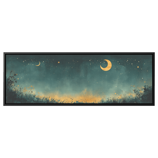 Minimalist Celestial Design Crescent Moons Tiny Stars Muted Green Background Ultra High Definition Clean Simplicity Panoramic Framed Canvas Wall Art - Awakening Righteousness