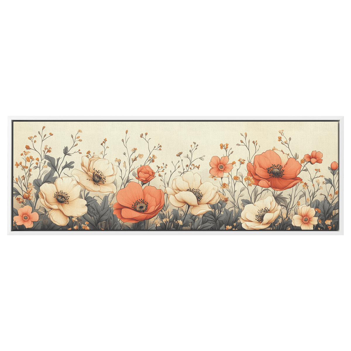 Minimalist Monochrome Line Art Garden Flowers Thin Clean Lines Warm Beige Background Ultra High Definition Elegant Design Panoramic Framed Canvas Wall Art - Awakening Righteousness