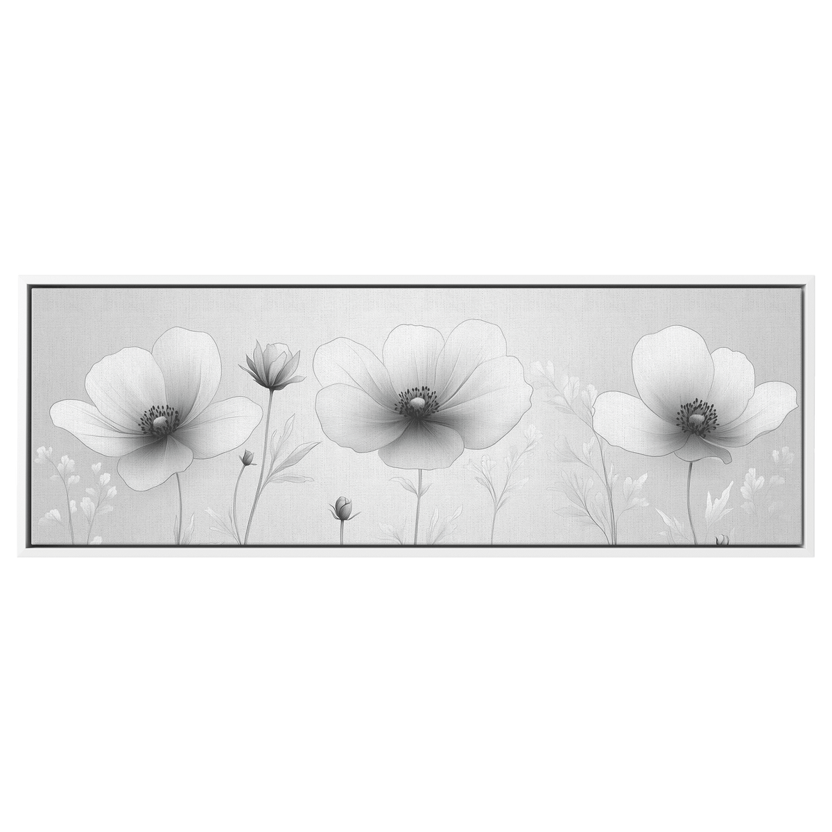 Minimalist Monochrome Line Art Wildflowers Soft Gray Background Subtle Shading Smooth Lines Ultra High Definition Luminous Highlights Panoramic Framed Canvas Wall Art - Awakening Righteousness