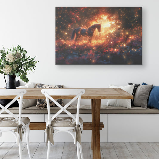 Mystical Glowing Horse Canvas Wall Art Decor in Magical Forest with Fireflies and Luminous Surreal Atmosphere - Awakening Righteousness