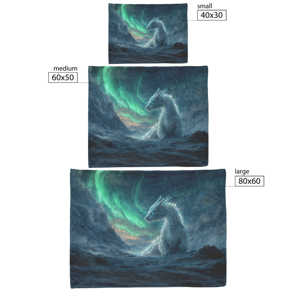 Mystical Ice Dragon with Glowing Snowflakes in Frozen Landscape Under Shimmering Aurora Borealis Fleece Sherpa Blanket - Awakening Righteousness