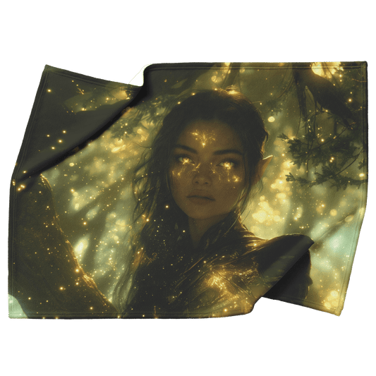 Night Elf Hunter Fleece Sherpa Blanket Glowing Runes Ancient Trees Golden Highlights Cascading Stars Elegant Powerful Design - Awakening Righteousness