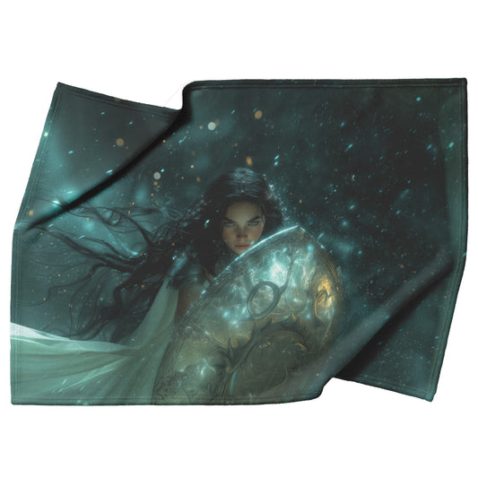 Night Elf Paladin Fleece Sherpa Blanket Glowing Shield Silver Highlights Shimmering Textures Elegant Inspiring WoW Design - Awakening Righteousness