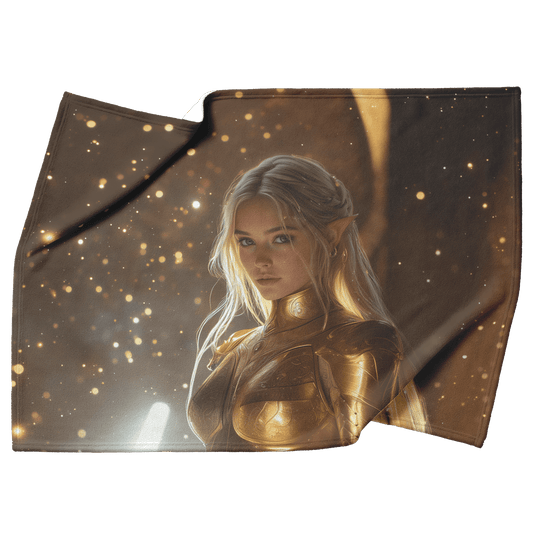 Night Elf Paladin Fleece Sherpa Blanket Golden Armor Shimmering Stars Cosmic Reflections Bold Serene Design - Awakening Righteousness