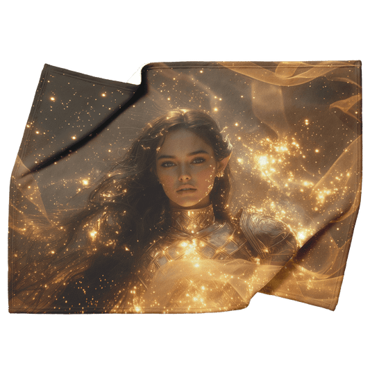 Night Elf Paladin Fleece Sherpa Blanket Golden Armor Shimmering Stars Cosmic Reflections Bold Serene WoW Design - Awakening Righteousness