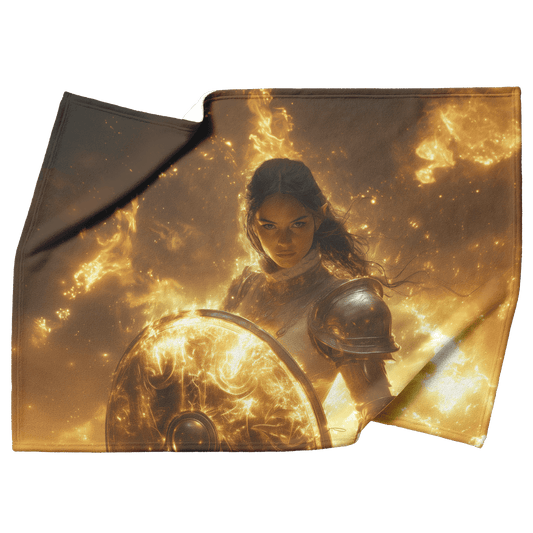 Night Elf Paladin Fleece Sherpa Blanket Silver Gold Armor Radiant Shield Cosmic Mist Glowing Textures Bold Elegant Design - Awakening Righteousness