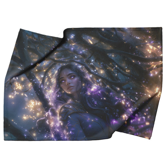 Night Elf Paladin Fleece Sherpa Blanket Silver Purple Armor Golden Accents Silver Light Stars Majestic Serene WoW Design - Awakening Righteousness