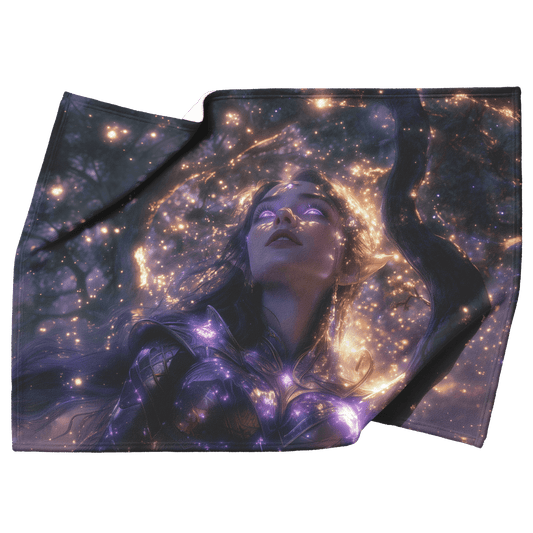 Night Elf Paladin Fleece Sherpa Blanket Silver Purple Armor Silver Light Cascading Stars Majestic Serene WoW Design - Awakening Righteousness