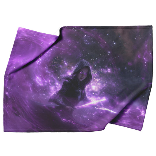 Night Elf Rogue Fleece Sherpa Blanket Black Leather Armor Twin Daggers Purple Mist Silver Light Stealthy WoW Design - Awakening Righteousness