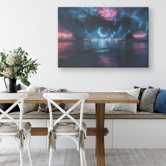 Night Ocean Scene Crescent Moon Silver Waves Stars Reflecting Deep Blue Surreal Glow Canvas Wall Art Decor - Awakening Righteousness