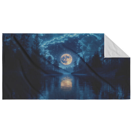 Night Scene Full Moon Glowing Over Mystical Forest Stars in Crystal Clear Sky Silver Moonlight Calm Lake Reflections - Awakening Righteousness