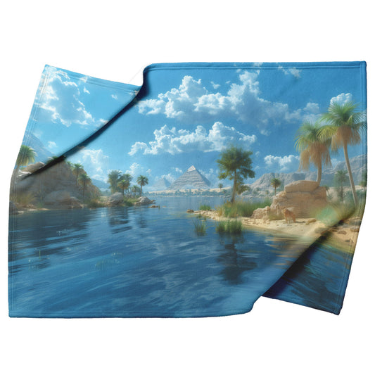 Oasis Pyramid Reflection Fleece Sherpa Blanket Soft Tranquil Nature Inspired Desert Design - Awakening Righteousness