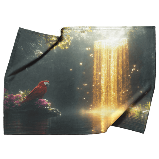 Parrot Sitting Near Glowing Crystal Clear Waterfall Surrounded by Lush Plants and Golden Mist Fleece Sherpa Blanket - Awakening Righteousness