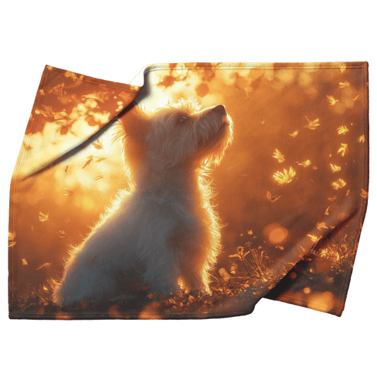 Parson Russell Terrier With Glowing Fur Sitting Under Tree Surrounded by Shimmering Textures and Light Trails Fleece Sherpa Blanket - Awakening Righteousness