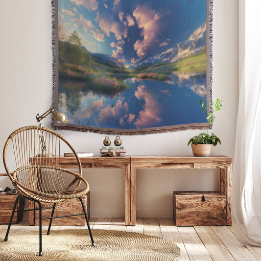 Peaceful Mountain Reflection Woven Throw Blanket Featuring Scenic River and Vibrant Cloudscape for Tranquil Decor - Awakening Righteousness