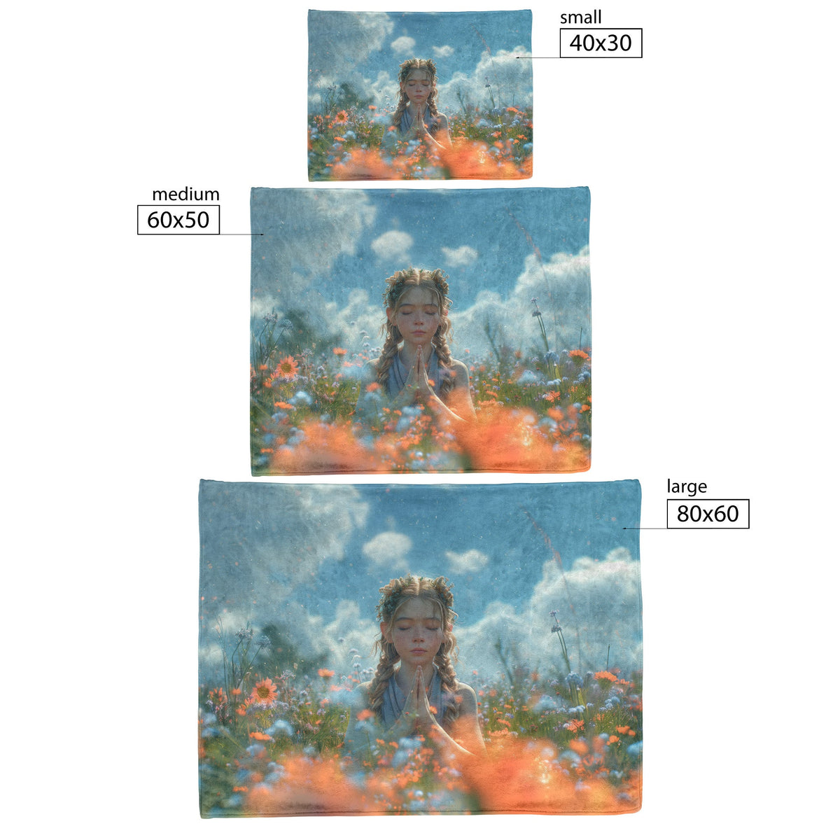 Peaceful Prayer Sherpa Blanket Young Girl in Blooming Field Inspirational Christian Cozy Home Decor - Awakening Righteousness