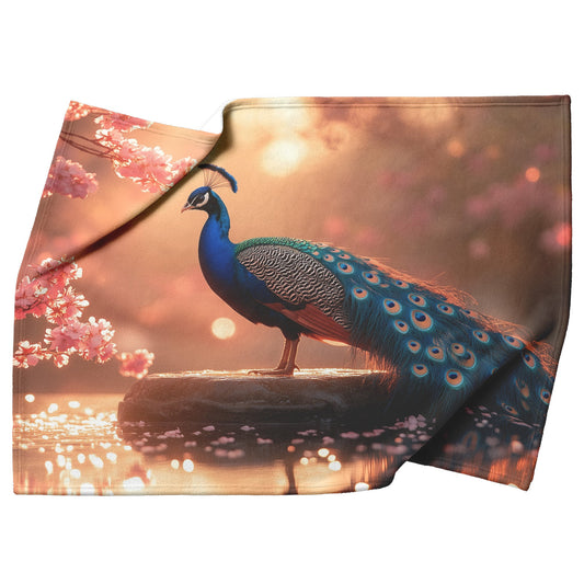Peacock on Glowing Stone Fountain Surrounded by Pink Cherry Blossoms and Shimmering Water in Golden Light Blanket - Awakening Righteousness