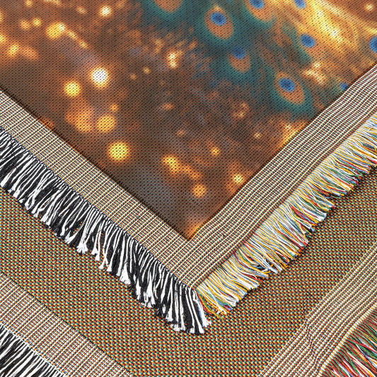 Peacock Spreading Radiant Tail Feathers in Glowing Forest with Fireflies and Golden Mist Woven Throw Blanket - Awakening Righteousness