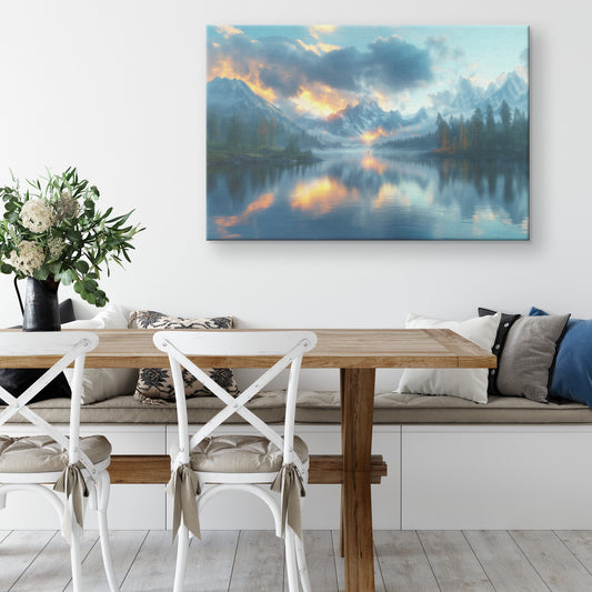 Perfect Glowing Rainbow Reflected in Mountain Lake Snowy Peaks Misty Clouds Golden Light Canvas Wall Art - Awakening Righteousness