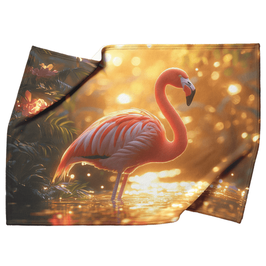 Pink Flamingo in Glowing Tropical Garden Surrounded by Shimmering Plants and Golden Light Cozy Fleece Sherpa Blanket - Awakening Righteousness