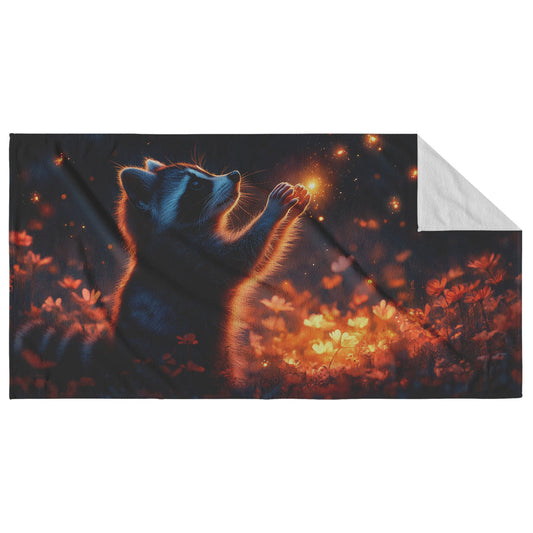 Raccoon Playfully Reaching for Fireflies in Vibrant Glowing Meadow Surrounded by Twilight Hues Beach Towel - Awakening Righteousness