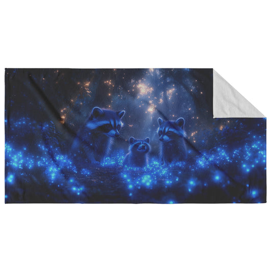 Raccoons Exploring Magical Bioluminescent Forest with Glowing Blue Plants Under Twilight Sky Beach Towel - Awakening Righteousness