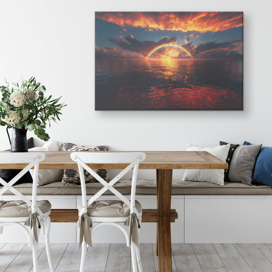 Radiant Rainbow Golden Light Dramatic Ocean Horizon Sparkling Waves Glowing Clouds Sunset Beams Canvas Wall Art - Awakening Righteousness