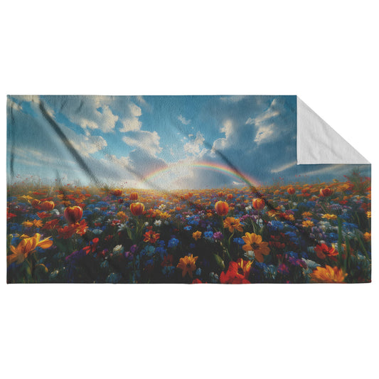 Radiant Rainbow Over Colorful Flower Meadow Vibrant Tulips Daisies Wildflowers Glowing Sunlight Natural Scenery - Awakening Righteousness