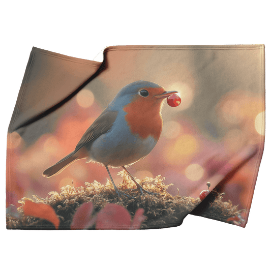Robin Holding Glowing Berry Perched on Mossy Branch Surrounded by Shimmering Autumn Leaves Under Soft Light Fleece Sherpa Blanket - Awakening Righteousness