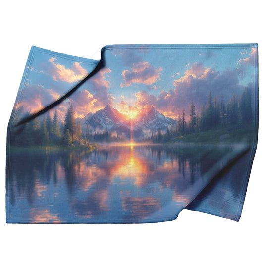 Rose Sunset Over Serene Mountain Lake Snowy Peaks Misty Clouds Radiant Golden Light Fleece Sherpa Blanket - Awakening Righteousness