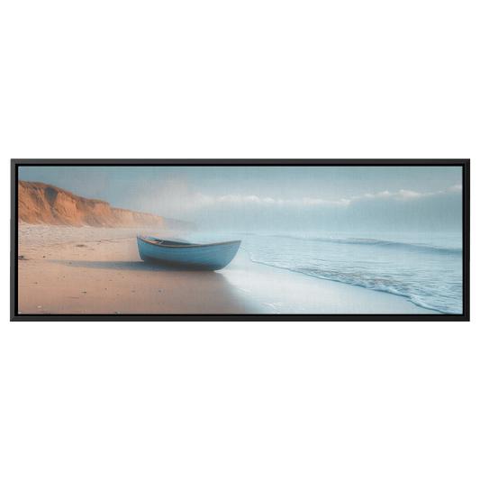 Serene Coastal View Gentle Waves Muted Gray Sky Minimalist Sandy Beach Neutral Tones Panoramic Framed Canvas Wall Art - Awakening Righteousness