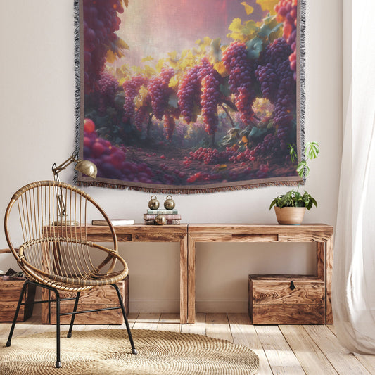Serene Grapes Growing in Vineyard Orchard with Golden Hour Sunlight Cozy Woven Throw Blanket - Awakening Righteousness