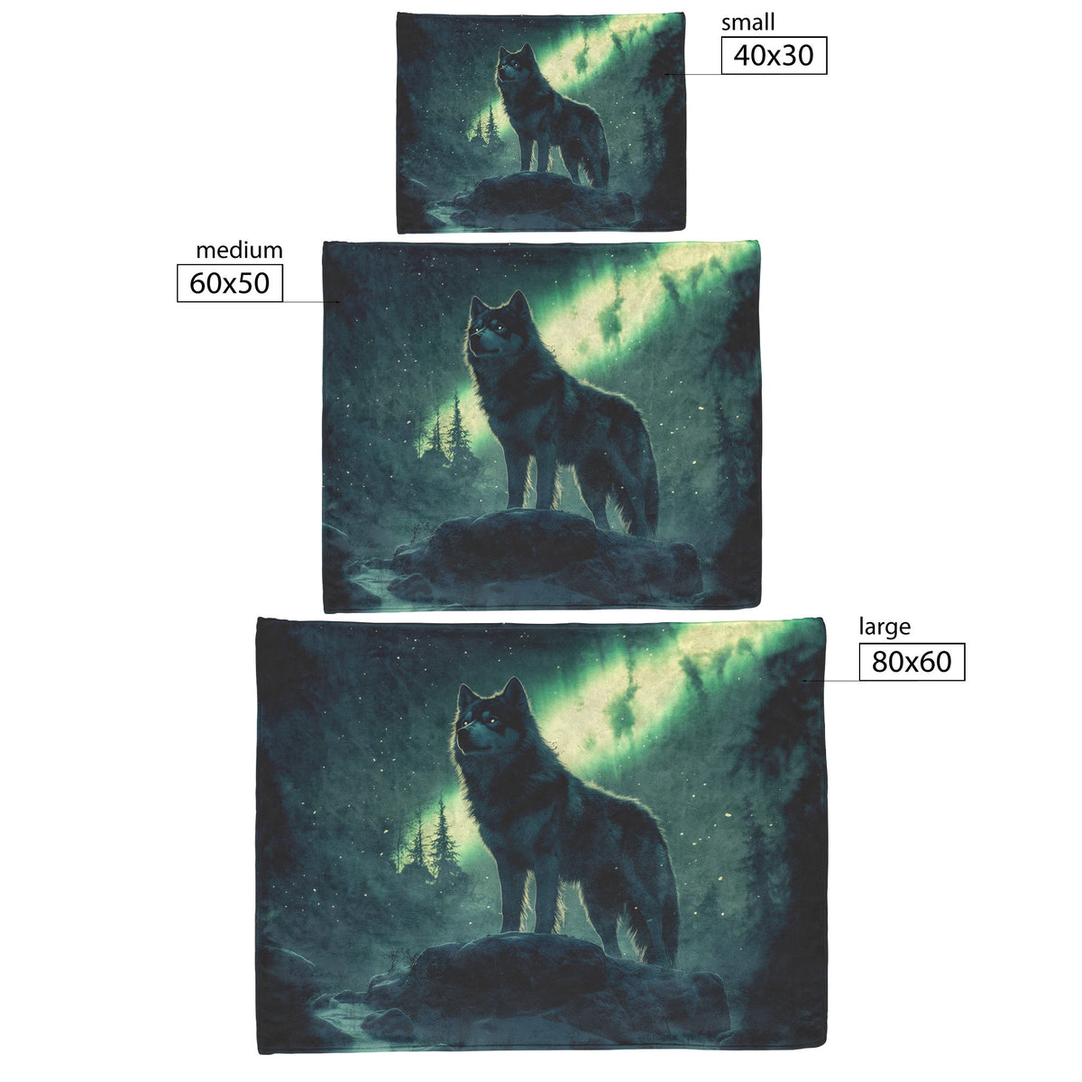 Siberian Husky Standing on Snowy Mountain Peak Under Glowing Northern Lights Fleece Sherpa Blanket - Awakening Righteousness