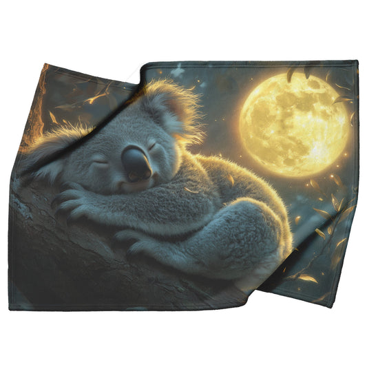 Sleepy Koala Nestled on Tree Branch Under Glowing Full Moon with Soft Silver Highlights Fleece Sherpa Blanket - Awakening Righteousness