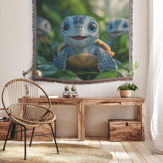 Smiling Baby Turtles on Green Leaves Woven Throw Blanket - Awakening Righteousness