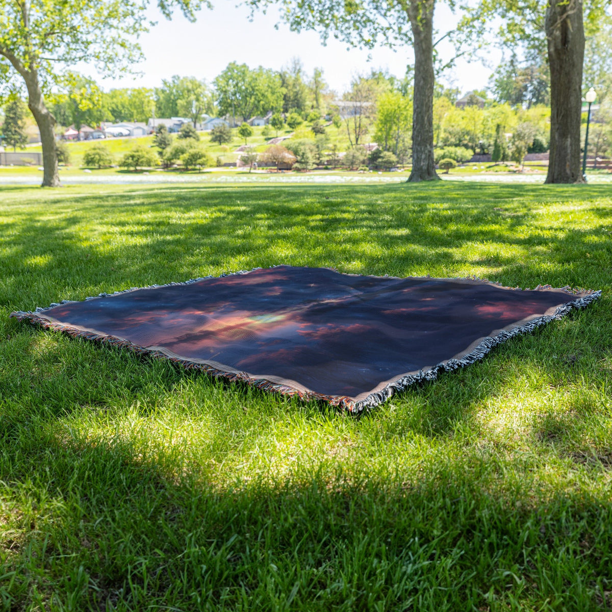 Stunning Starry Sunset Over Lake Woven Throw Blanket Perfect for Relaxing Home Decor - Awakening Righteousness