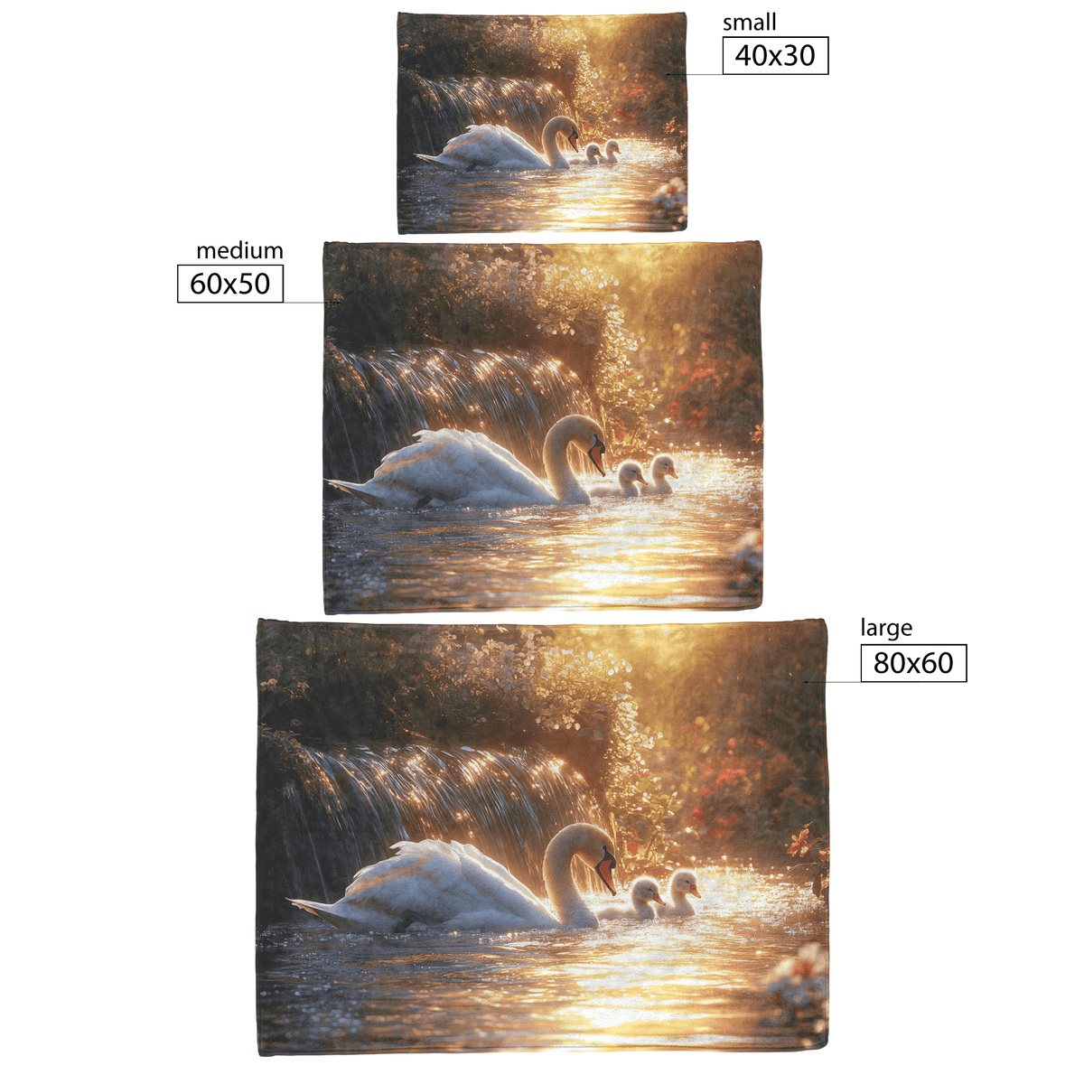 Swan Family Resting Near Glowing Waterfall Surrounded by Lush Plants and Wildflowers Under Golden Light Fleece Sherpa Blanket - Awakening Righteousness