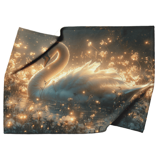 Swan Resting in Meadow of Glowing Wildflowers Under Golden Moonlight Surrounded by Mist and Fireflies Fleece Sherpa Blanket - Awakening Righteousness
