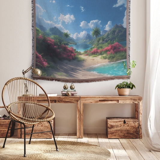 Tropical Beach Paradise with Crystal Clear Waters Woven Throw Blanket for Home Decor - Awakening Righteousness