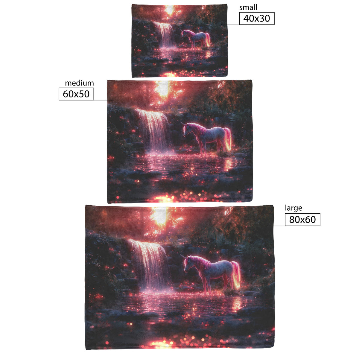 Unicorn with Shimmering Rainbow Mane Near Glowing Waterfall Surrounded by Lush Plants Fleece Sherpa Blanket - Awakening Righteousness