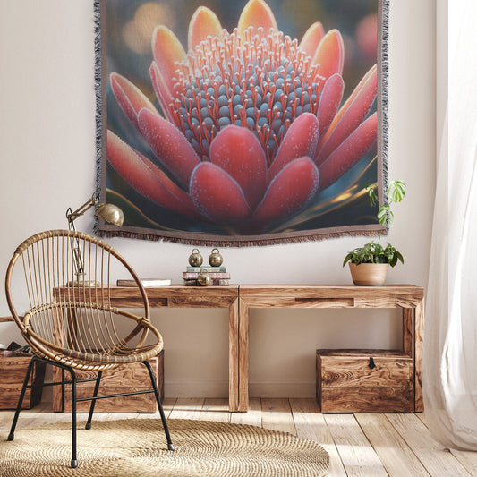 Vibrant red flower with blue center intricate petal details woven throw blanket nature's beauty delicate design - Awakening Righteousness