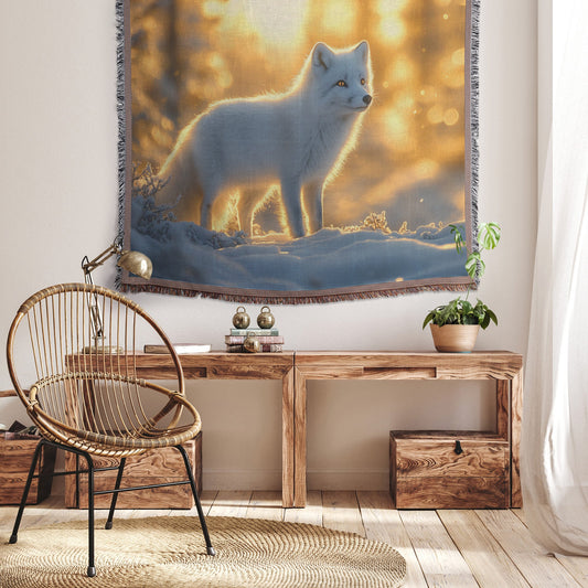 White Arctic Fox Standing on Glowing Snow Under Vibrant Sunset with Silver Highlights on Fur Woven Throw Blanket - Awakening Righteousness