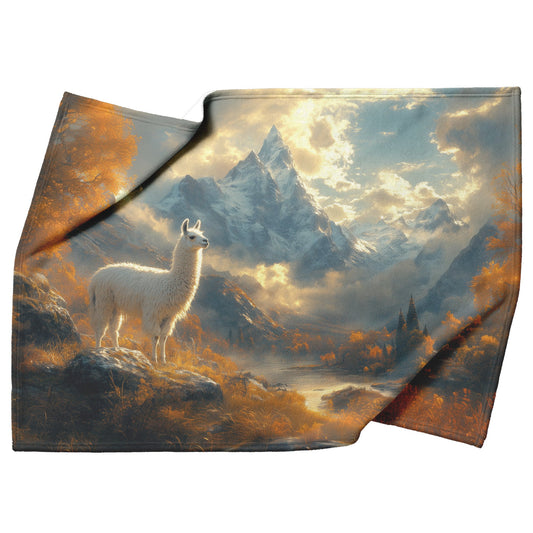 White Llama Standing Majestically in Misty Valley Snow Capped Peaks Soft Golden Light Peaceful Fleece Sherpa Blanket - Awakening Righteousness