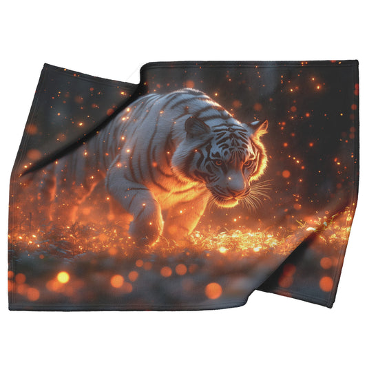 White Tiger Leaping Through Glowing Forest Sherpa Fleece Blanket Ethereal Moonlight Soft Motion Magical Wildlife Scene - Awakening Righteousness