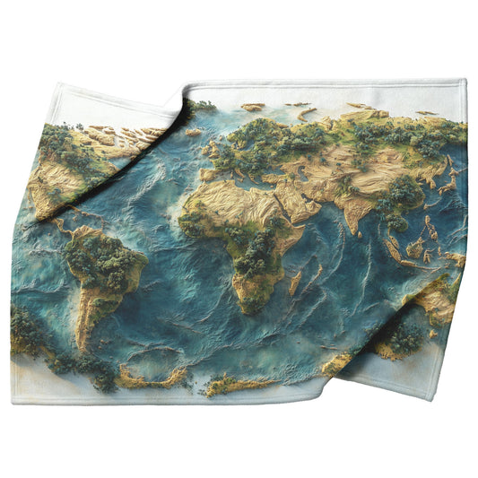 World Map Textured Sand Lush Greenery Vibrant Blue Oceans Cozy Fleece Sherpa Blanket - Awakening Righteousness