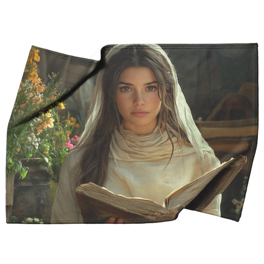 Young Woman Holding Bible in Lush Garden Surrounded by Colorful Blooms Cozy Christian Fleece Sherpa Blanket - Awakening Righteousness