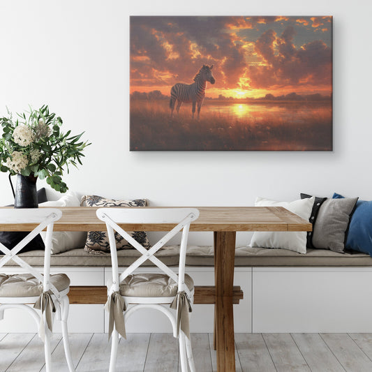 Zebra Standing in Golden Savanna Under Glowing Sunset with Stripes Illuminated by Soft Light Canvas Wall Art - Awakening Righteousness